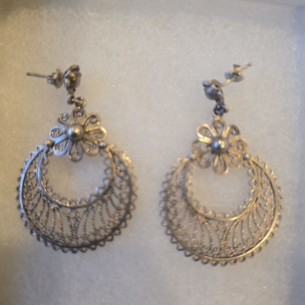 925 Sterling Silver Turkish Filigree Dangle Earrings Vintage Boho Floral 10.08g